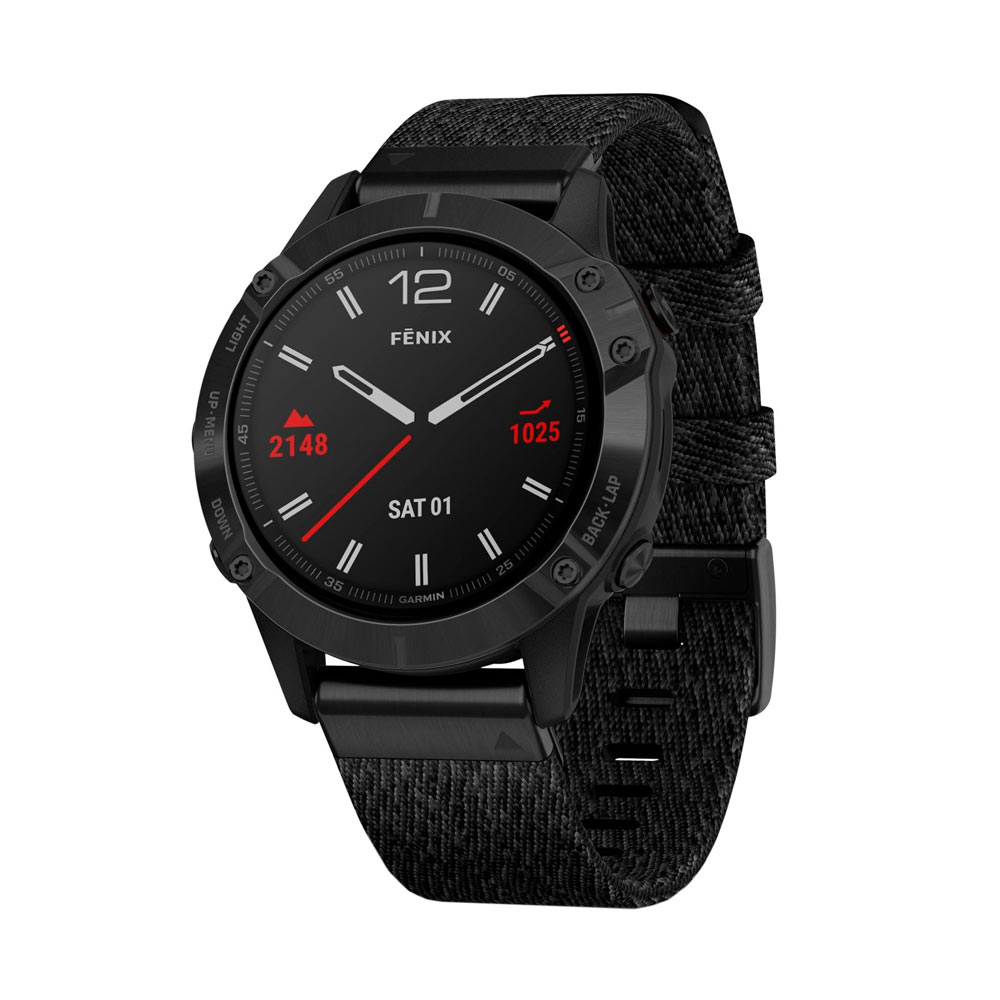 Garmin Fenix 6 Pro and Sapphire Editions Black DLC with heathered black nylon band watch 010-02158-17