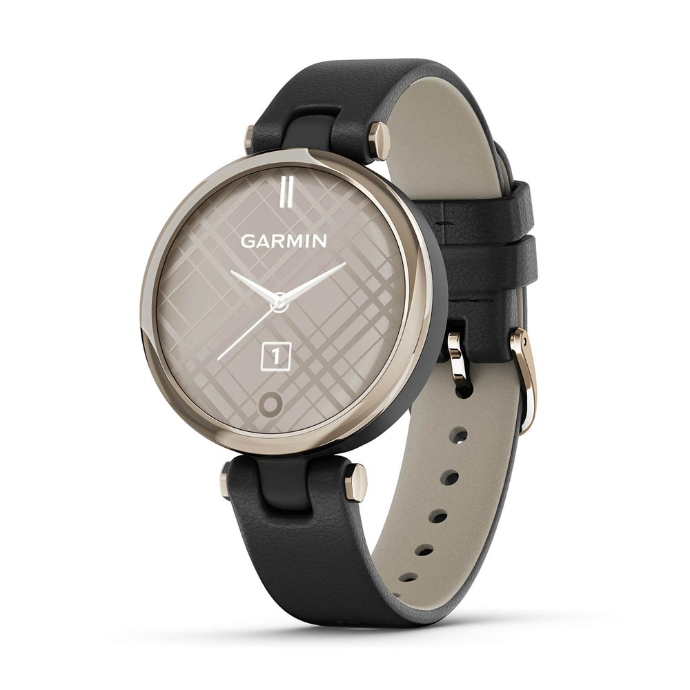 Garmin Lily Cream Gold Bezel with Black Case and Italian Leather Band